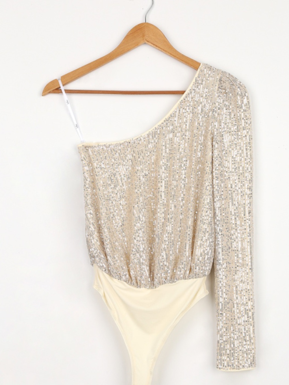 Lulus Dancing Diva Cream And Silver Sequin One-shoulder Bodysuit Beige - Size L